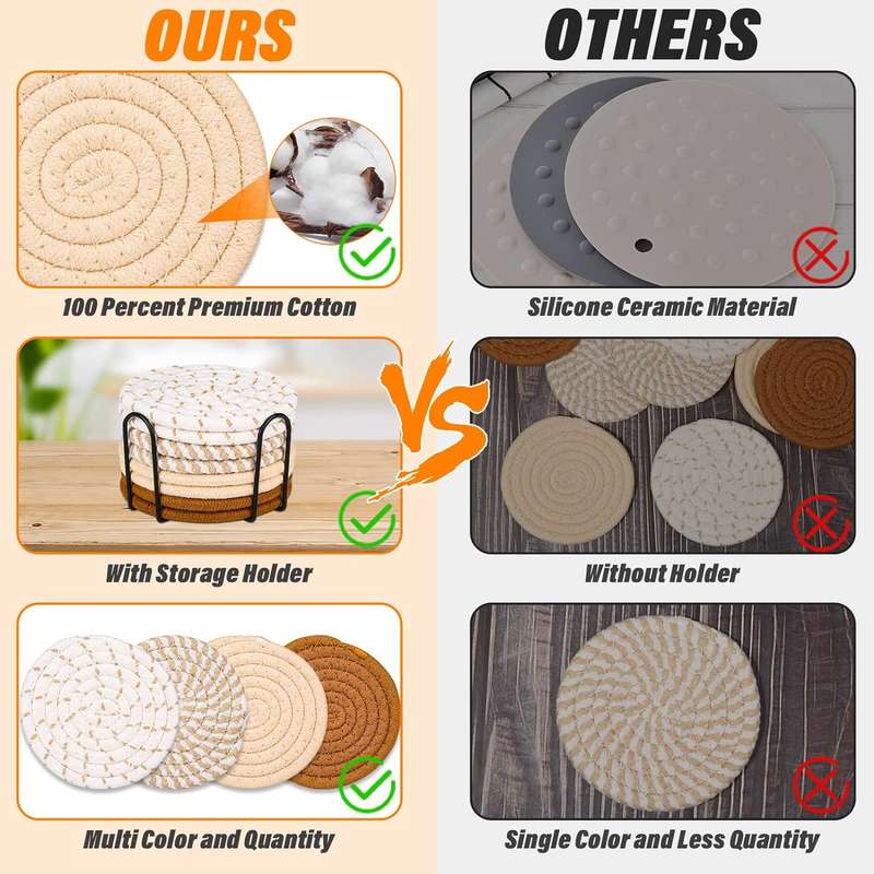 Cotton Drink Coasters With Holder For Drinks Minimalist Hand Woven - 8 Pack - 4 Colors