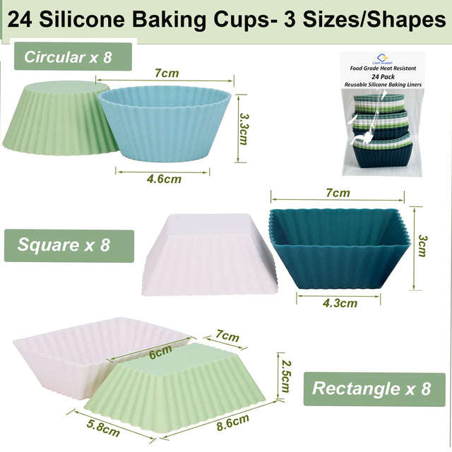 24 Pack Reusable Silicone Baking Cups Muffin Cupcake Liners Molds- 3 Shapes