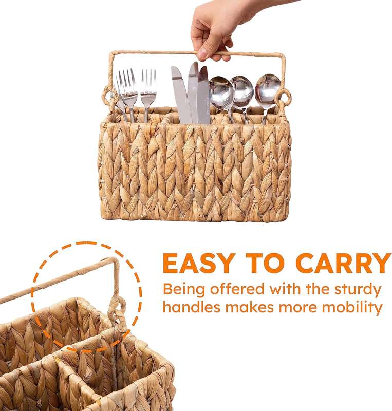 Wicker Cutlery Holder With Handle Silverware Caddy Organiser For Tabletop - Water Hyacinth