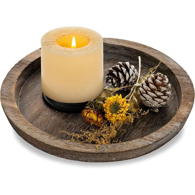 Round Wooden Serving Tray Vintage Home Decor Table Countertop Centerpiece - Rustic