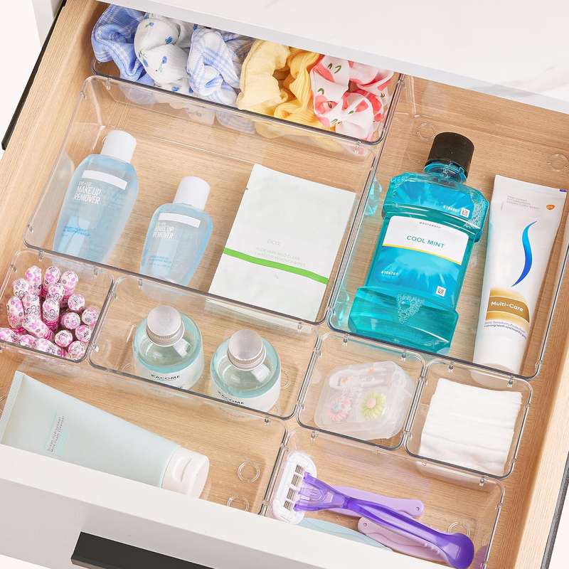 Clear Acrylic Drawer Organizer Bins 4 Sizes Cosmetic Kitchen Trays - 44 Piece