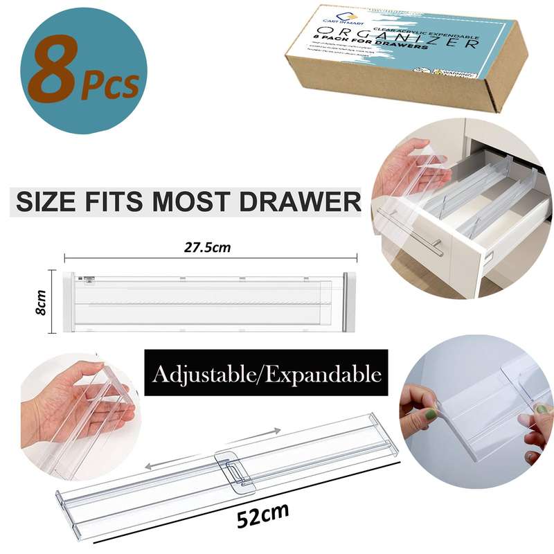 8 Pack Clear Acrylic Drawer Dividers Adjustable Expandable Organiser