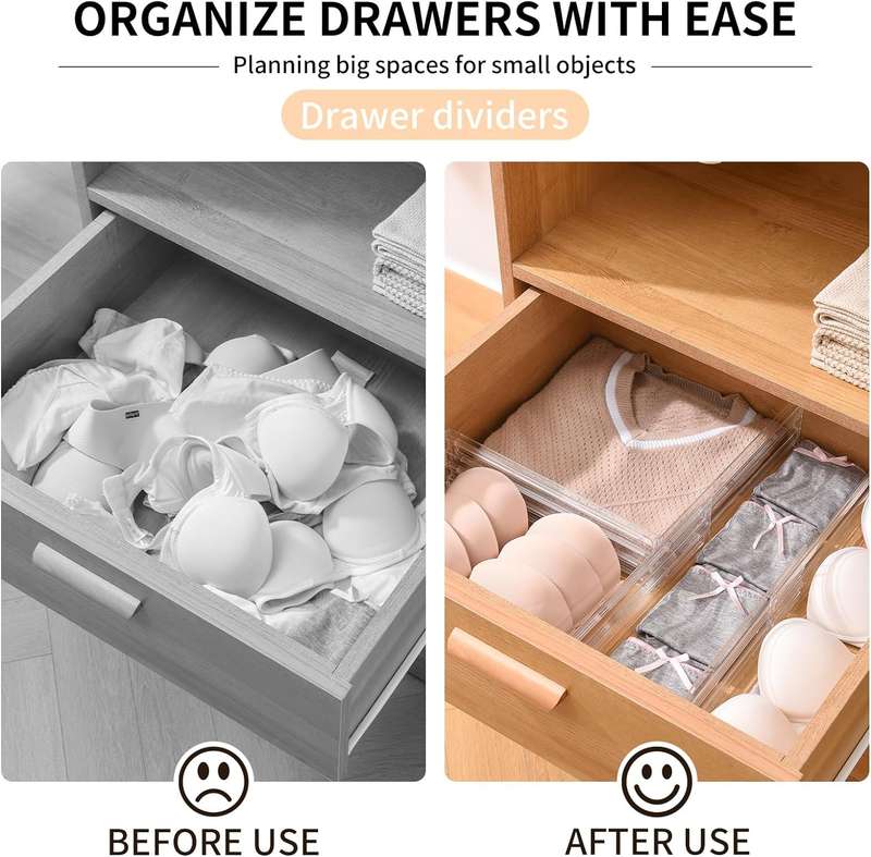 8 Pack Clear Acrylic Drawer Dividers Adjustable Expandable Organiser