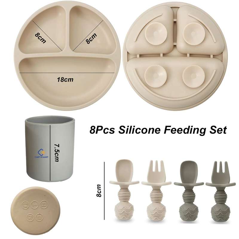 2 Pack (8 Piece) Silicone Baby Feeding Set Suction Plates Spoons Forks Cups