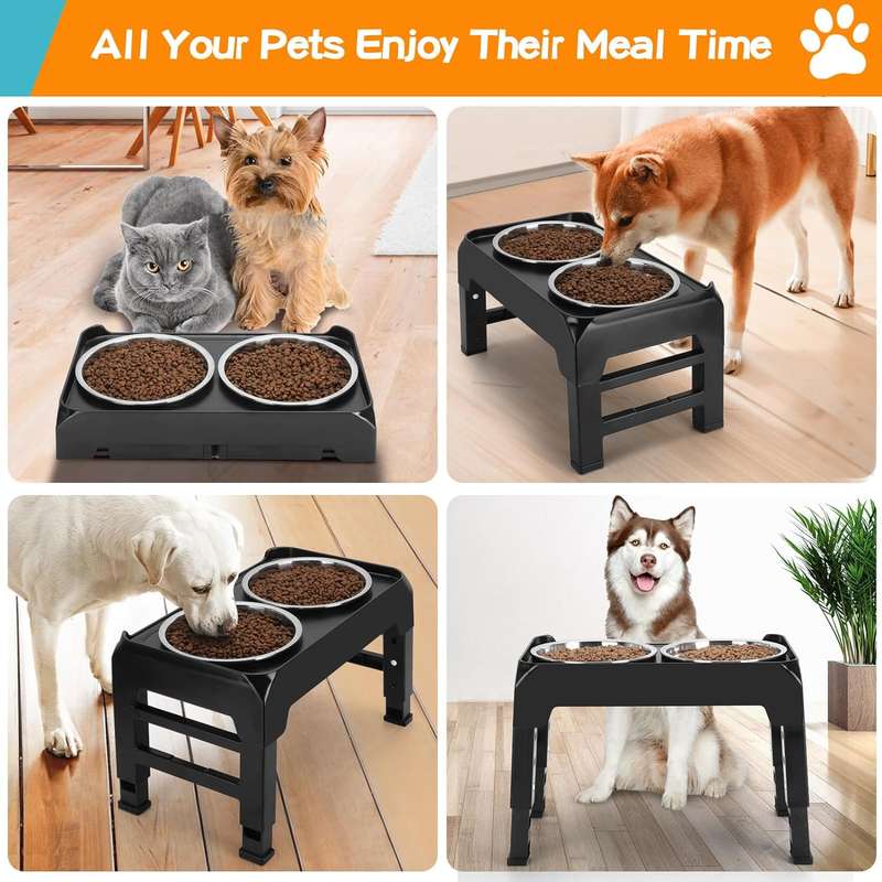 Raised Elevated Dog Bowls Stand With 2 Steel Pet Bowls & Adjustable Height