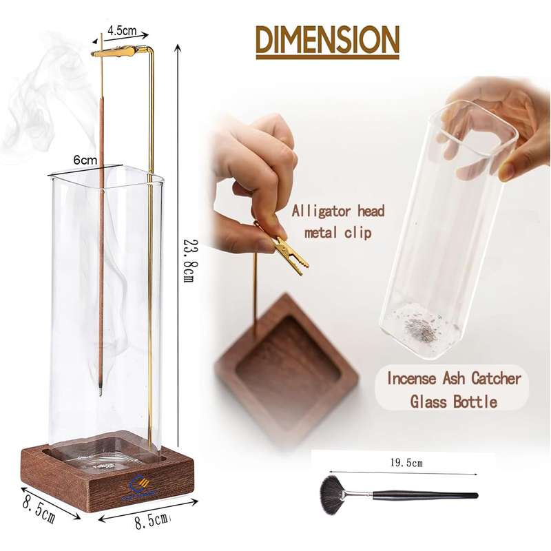 Wooden Incense Holder For Sticks with Glass Ash Catcher Anti-Ash Burner
