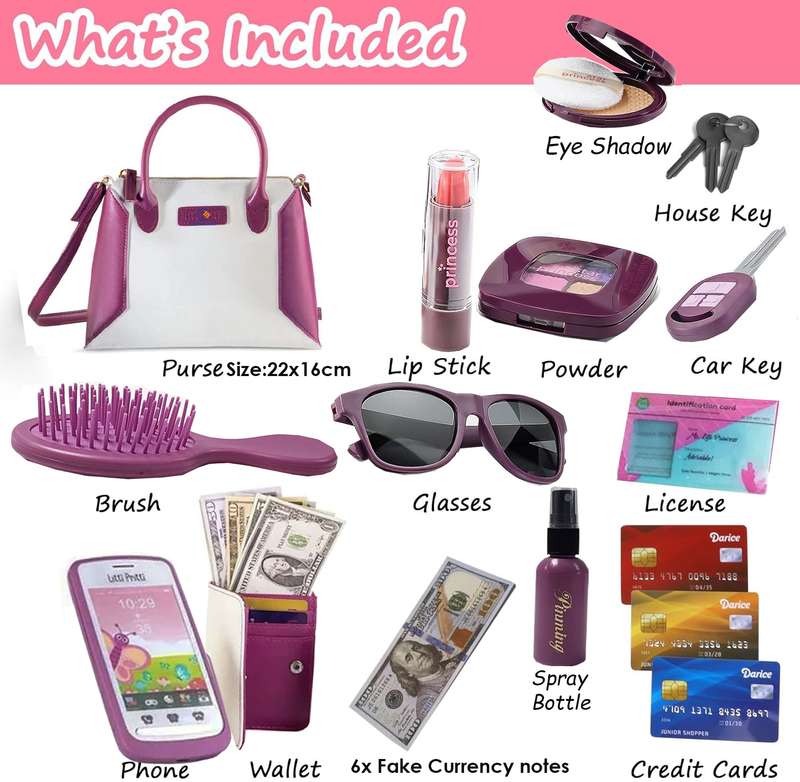 22 Piece Little Girls Purse With Pretend Play Fake Makeup Toddler Accessories - Premium Purple