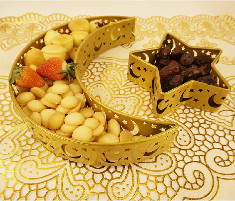 2 Pieces Eid Mubarak Decoration Moon Star Serving Metal Tray Islamic Gift