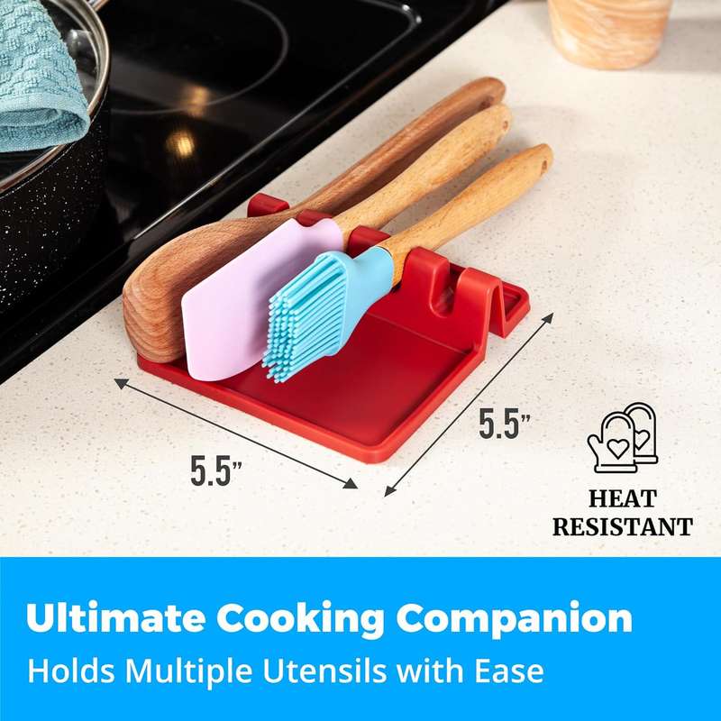 CART IN MART Red Silicone Spoon Rest & Spoon Holder for Stove CounterCTop