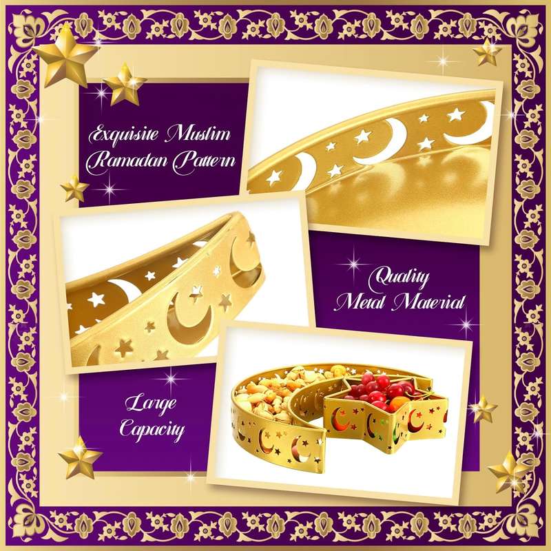 2 Pieces Eid Mubarak Decoration Moon Star Serving Metal Tray Islamic Gift