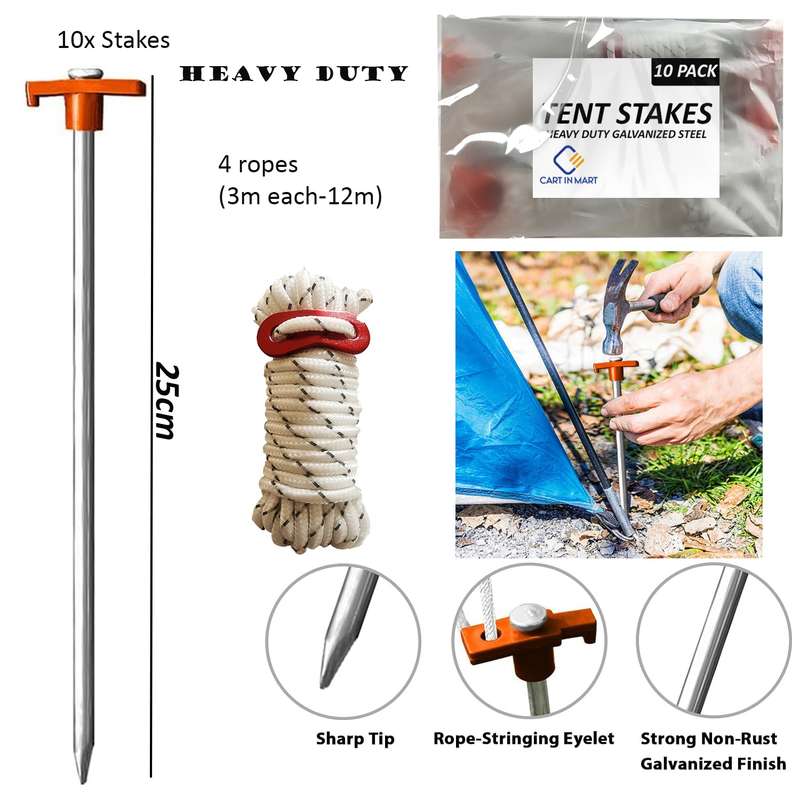 10 Pack Tent Stakes Heavy Duty Pegs 27cm For Camping Yard With 12m Ropes