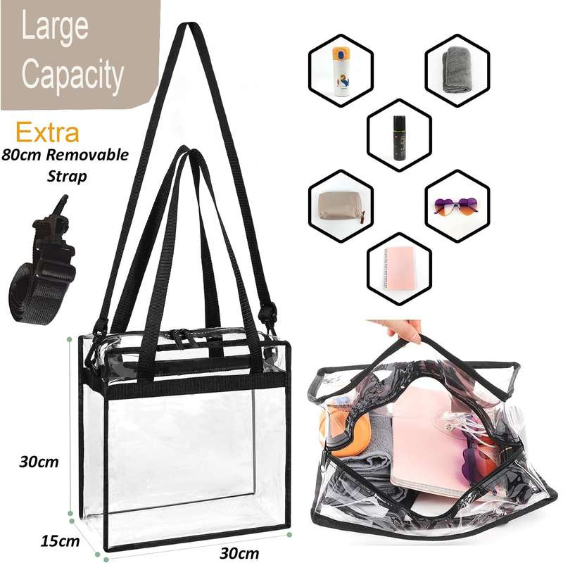 Clear Shoulder Tote Bag With Zipper Closure & Extra Adjustable Travel Strap