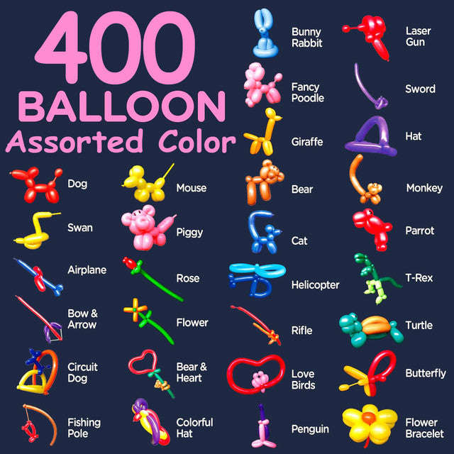 400 Pack 260Q Long Colored Balloons With Pump For Animal Arch Twisting Magic