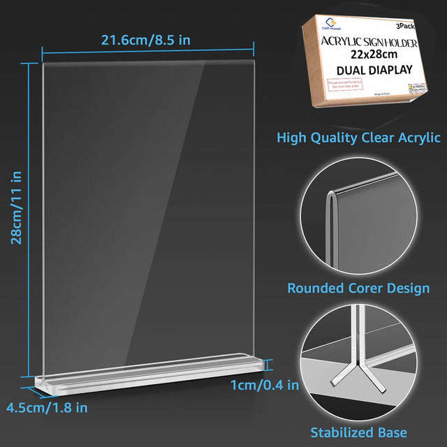 3 Pack 8.5x11 Clear Acrylic Sign Holder Double Sided Table Menu Frame Stand