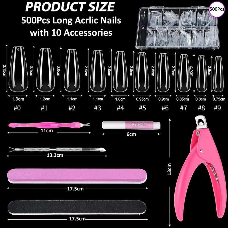500 Pack Long Clear Acrylic Nail Tips Ballerina Coffin Set & Accessories