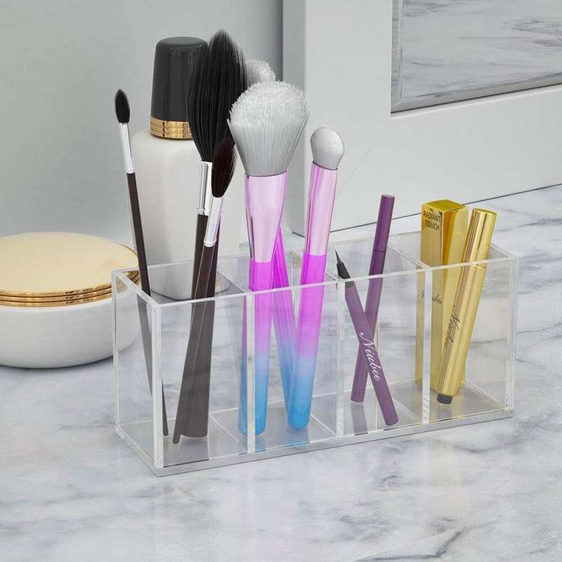 Clear Acrylic Pen Holder 4 Compartments For Pencil Organizer Makeup Brush