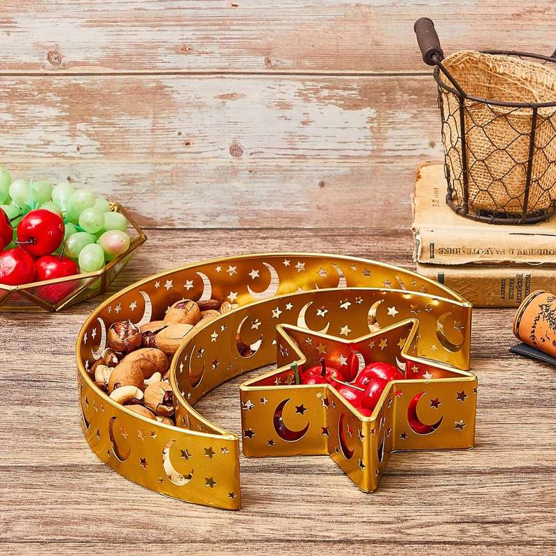 2 Pieces Eid Mubarak Decoration Moon Star Serving Metal Tray Islamic Gift