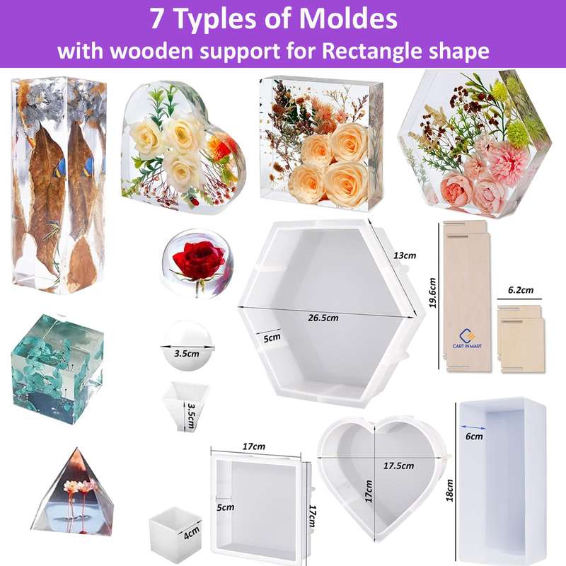 7 Pack Large Silicone Resin Molds Epoxy Casting Craft Heart Hexa Sq Rect