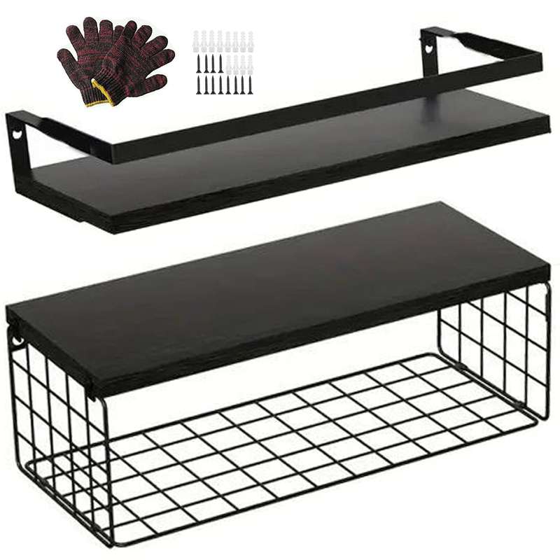 2 Pack Bathroom Floating Shelves With Storage Basket For Wall Over Toilet