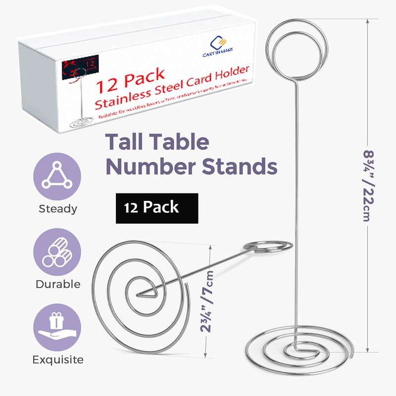12 Pack Table Number Holders 22cm Tall Place Card Photo Menu Stand-Silver