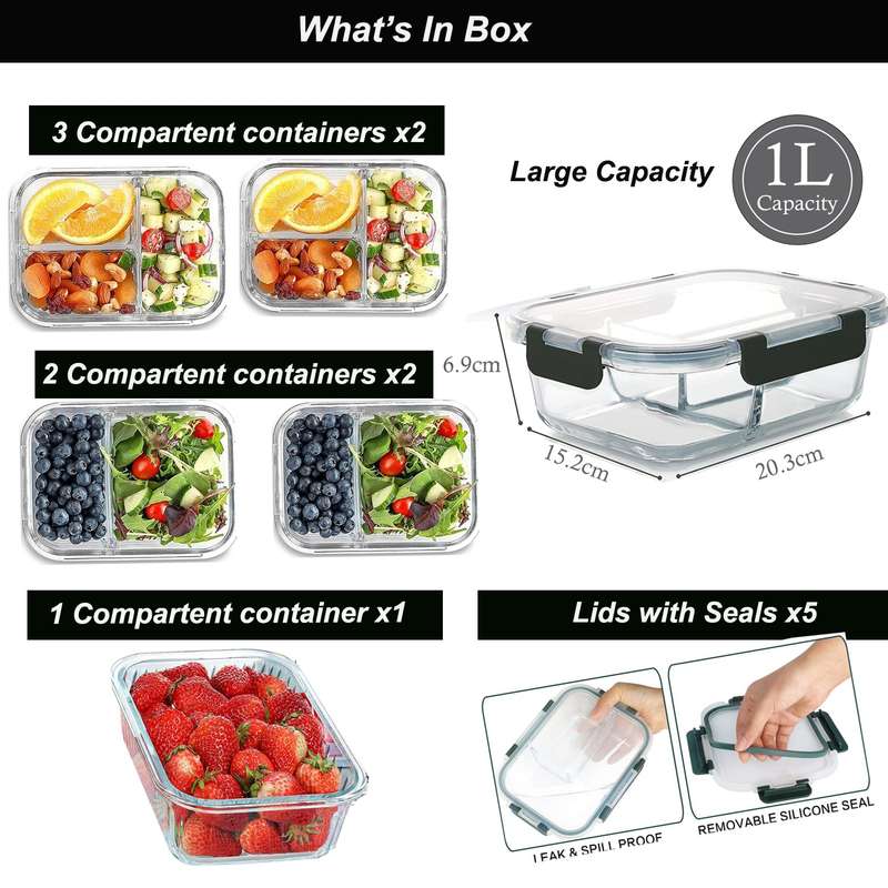 5 Pack Split Compartment Clear Airtight Glass Meal Prep Food Container- 1L