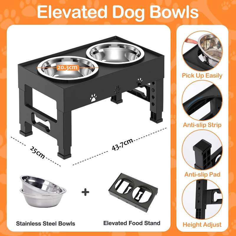 Raised Elevated Dog Bowls Stand With 2 Steel Pet Bowls & Adjustable Height