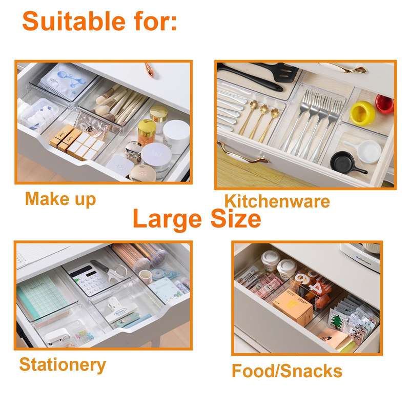 Large Clear Plastic Drawer Organiser Storage Bin 3 Size For Kitchen - 10 Pack