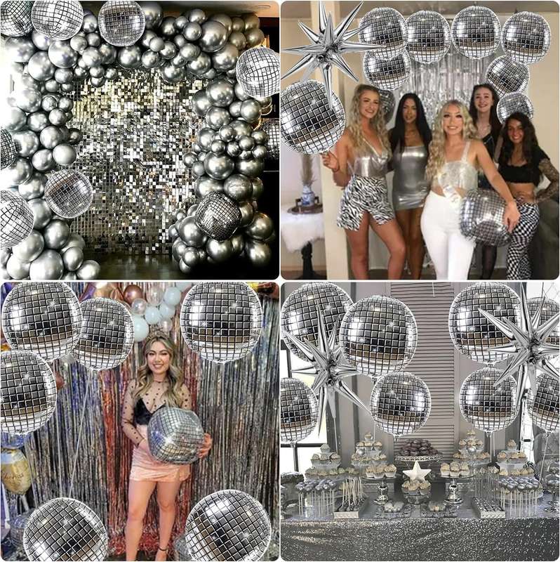 12 Pack Disco Ball Balloons 4 Size 4D Sphere Foil Party Decoration Supply
