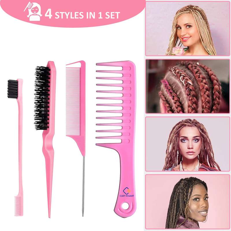 4 Pack Hair Styling Comb Set Teasing & Rat Tail Comb Edge Brush For Women