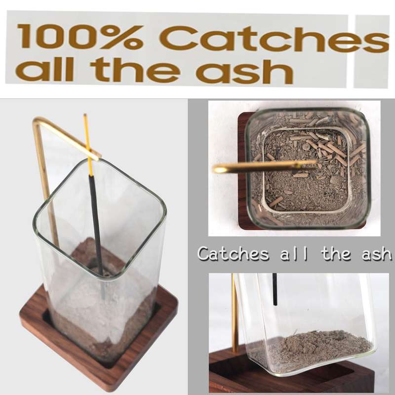 Wooden Incense Holder For Sticks with Glass Ash Catcher Anti-Ash Burner