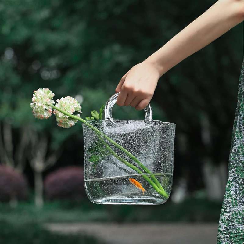 Clear Glass Handbag Shape Flower Vase with Fish Bowl For Home Office Decor