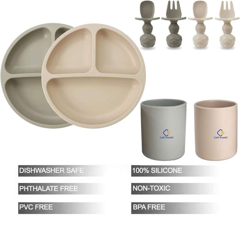 2 Pack (8 Piece) Silicone Baby Feeding Set Suction Plates Spoons Forks Cups