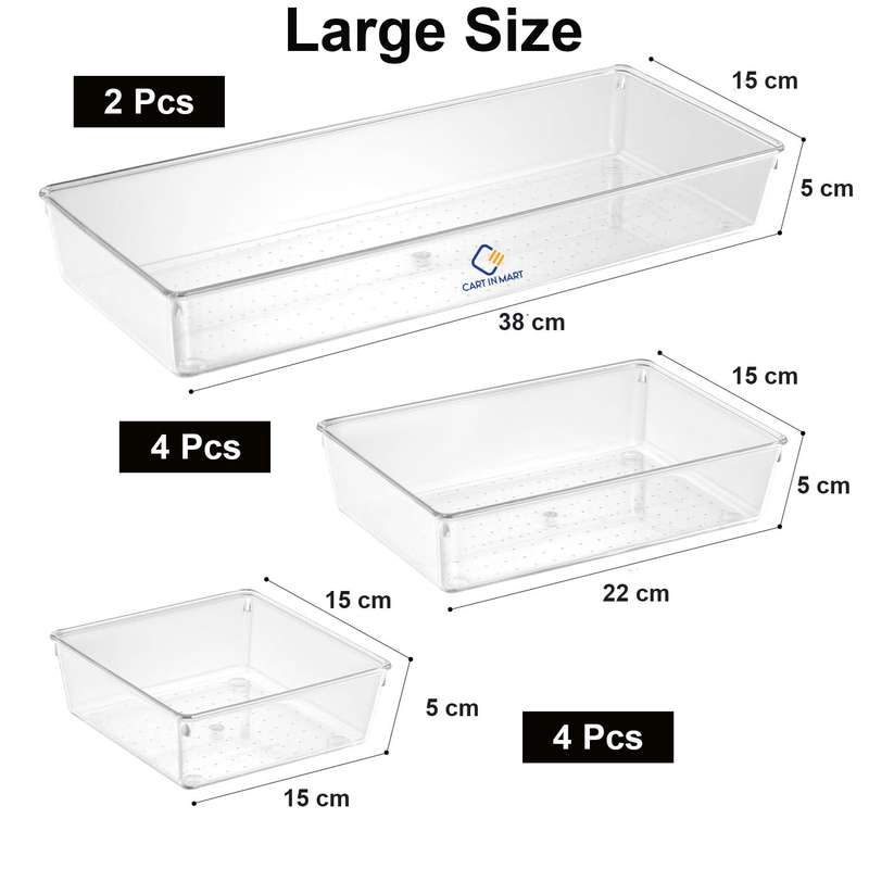Large Clear Plastic Drawer Organiser Storage Bin 3 Size For Kitchen - 10 Pack