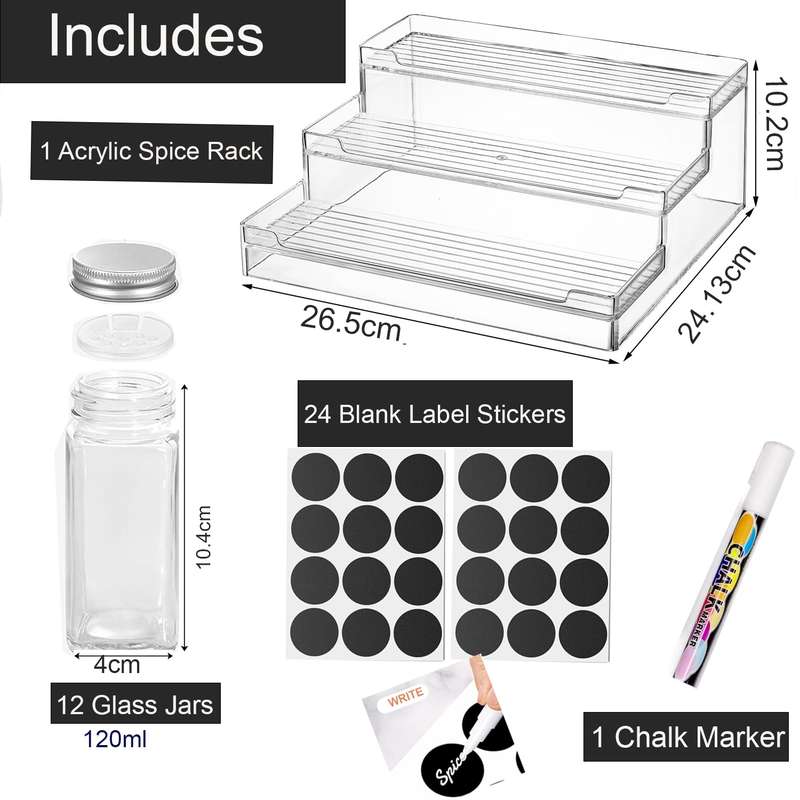 3 Tier Clear Acrylic Spice Rack Organiser With 12 Jars 24 Labels & Marker