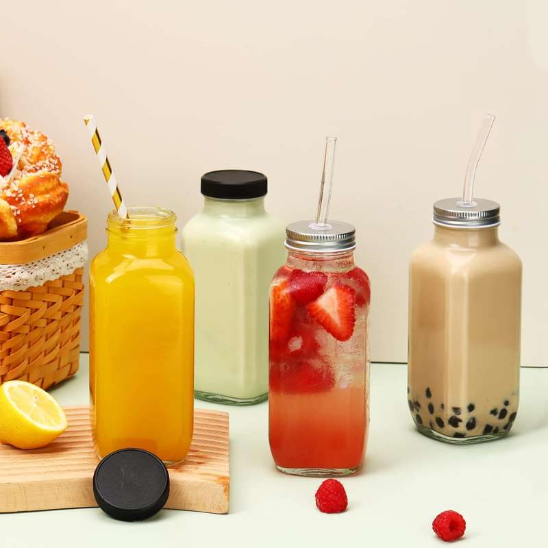 12 Pack Glass Juice Bottles With Lids 480ml Drinking Jars ,Glass Straws