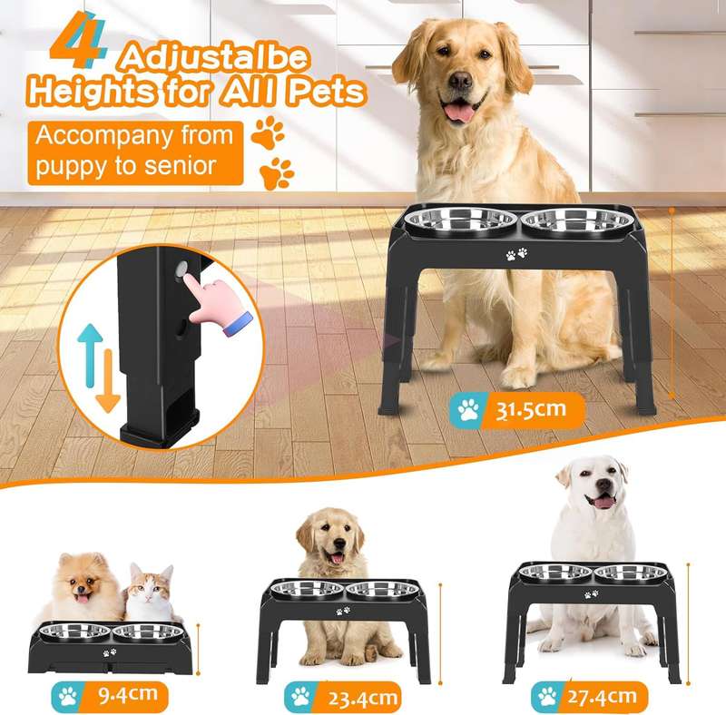 Raised Elevated Dog Bowls Stand With 2 Steel Pet Bowls & Adjustable Height