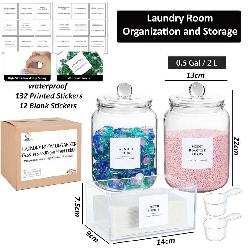 Glass Jars & Dryer Sheet Holder Laundry Room Organisation With Lid, Labels