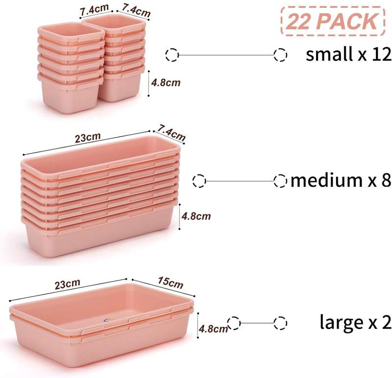 Plastic Drawer Organiser Storage Bins For Makeup Bathroom Utensils - 22 Piece