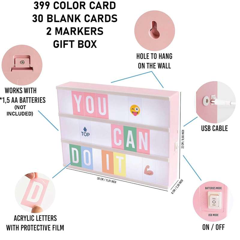 Pink Cinema LED Light Box Home Office Decor With Letters ,Emojis & Markers