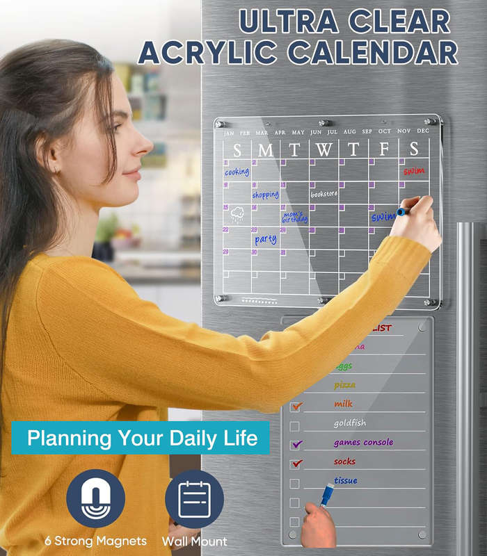 Clear Acrylic Magnetic Dry Erase Board Calendar & List Planner For Fridge