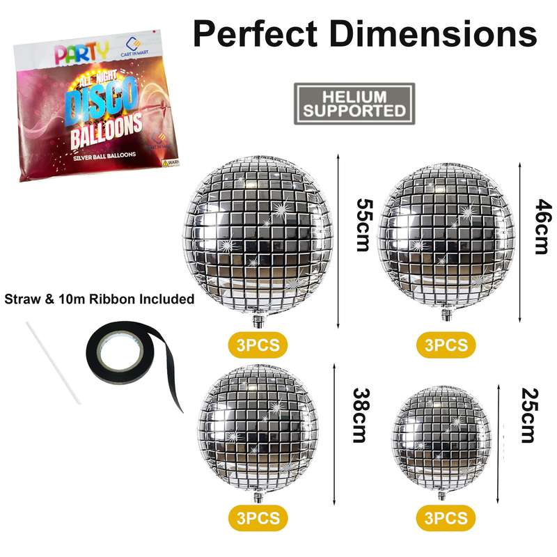 12 Pack Disco Ball Balloons 4 Size 4D Sphere Foil Party Decoration Supply