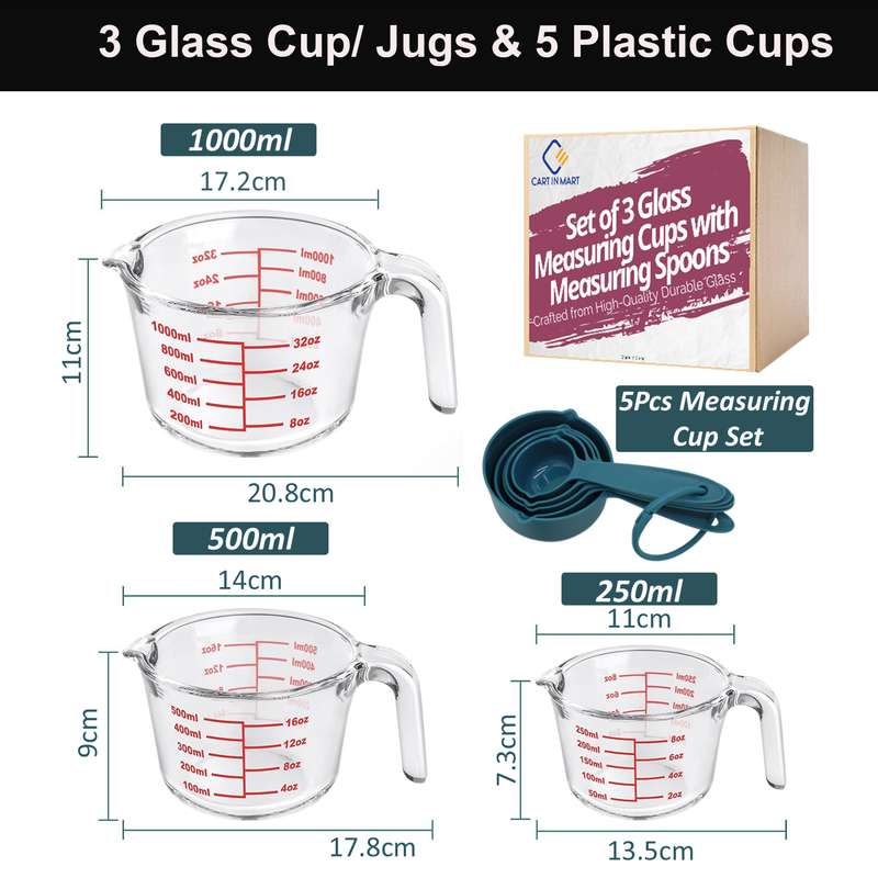 Glass Measuring Cup Set - 3 Glass Jugs Microwaveable ,5 Plastic Cup - 8 Piece