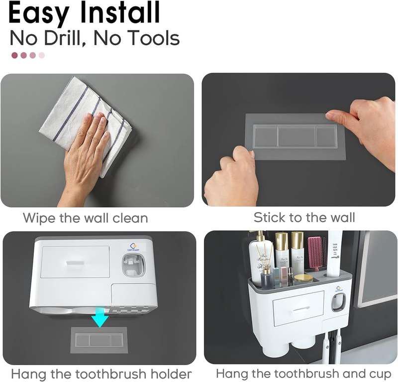 Toothbrush Holders With Automatic Toothpaste Dispenser 2 Cups,Tray & Drawer