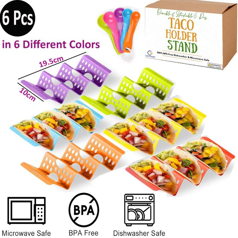 6 Pack Reuseable Large Taco Holders Stands Rack For 3 Tacos With Spoons
