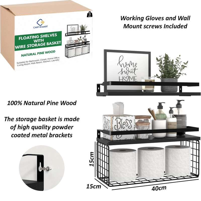 2 Pack Bathroom Floating Shelves With Storage Basket For Wall Over Toilet
