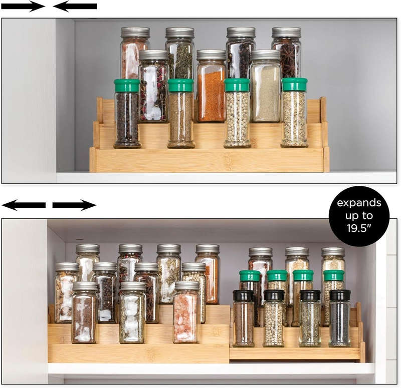 3 Tier Expandbale Bamboo Spice Rack Organiser Cabinet With Labels & Marker
