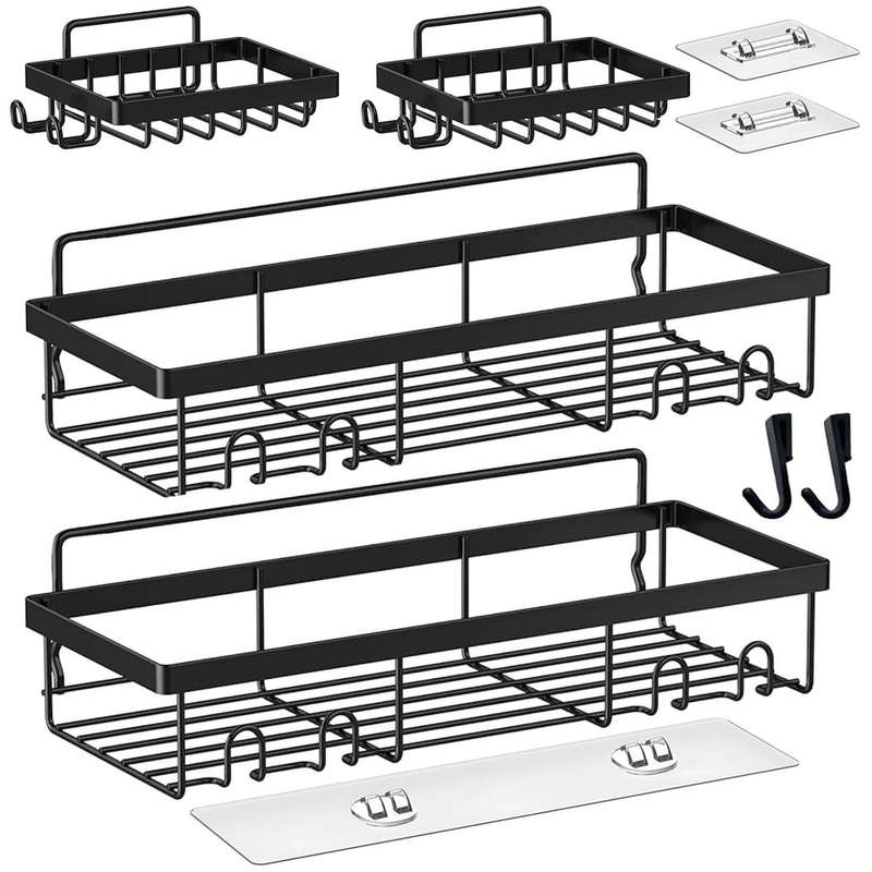 Adhesive Shower Caddy No Drill Organiser with 2 Soap Holder, Hooks - 6 Piece