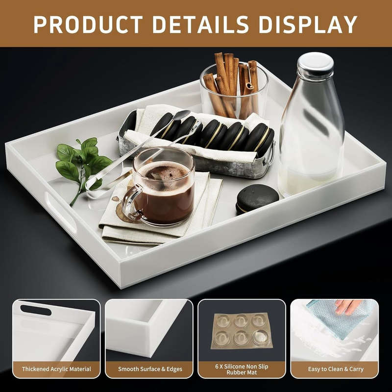 Large Acrylic Serving Tray With Handles - Table Countertop Organiser Decor White