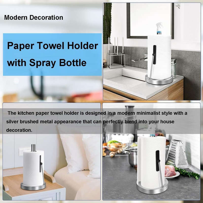 Kitchen Paper Towel Holder Stainless Steel With Sprayer,Arm & Weighted Base