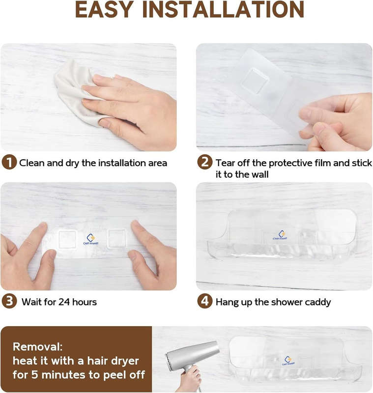 Large Clear Acrylic Shower Caddy No Drill Wall Mounted Adhesive Shelf